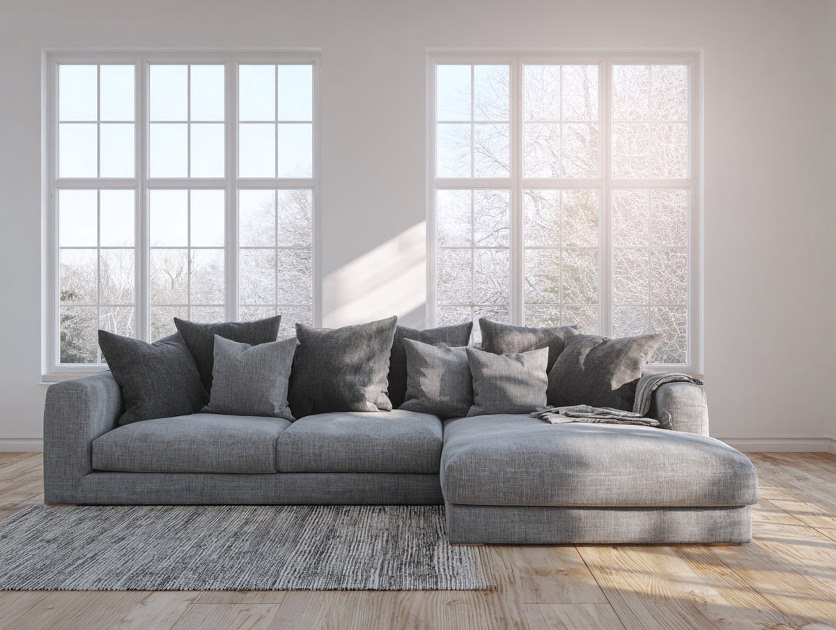 Divano 286×174×85 cm - tessuto grigio antracite - angolare a tre posti con penisola profonda per soggiorno