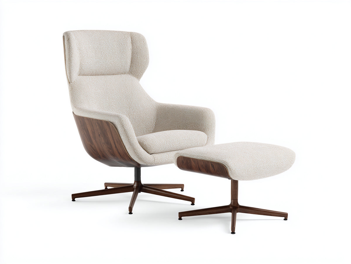 Poltrona 79×86×103 cm - tessuto beige e noce scuro - seduta girevole avvolgente con poggiapiedi per soggiorno