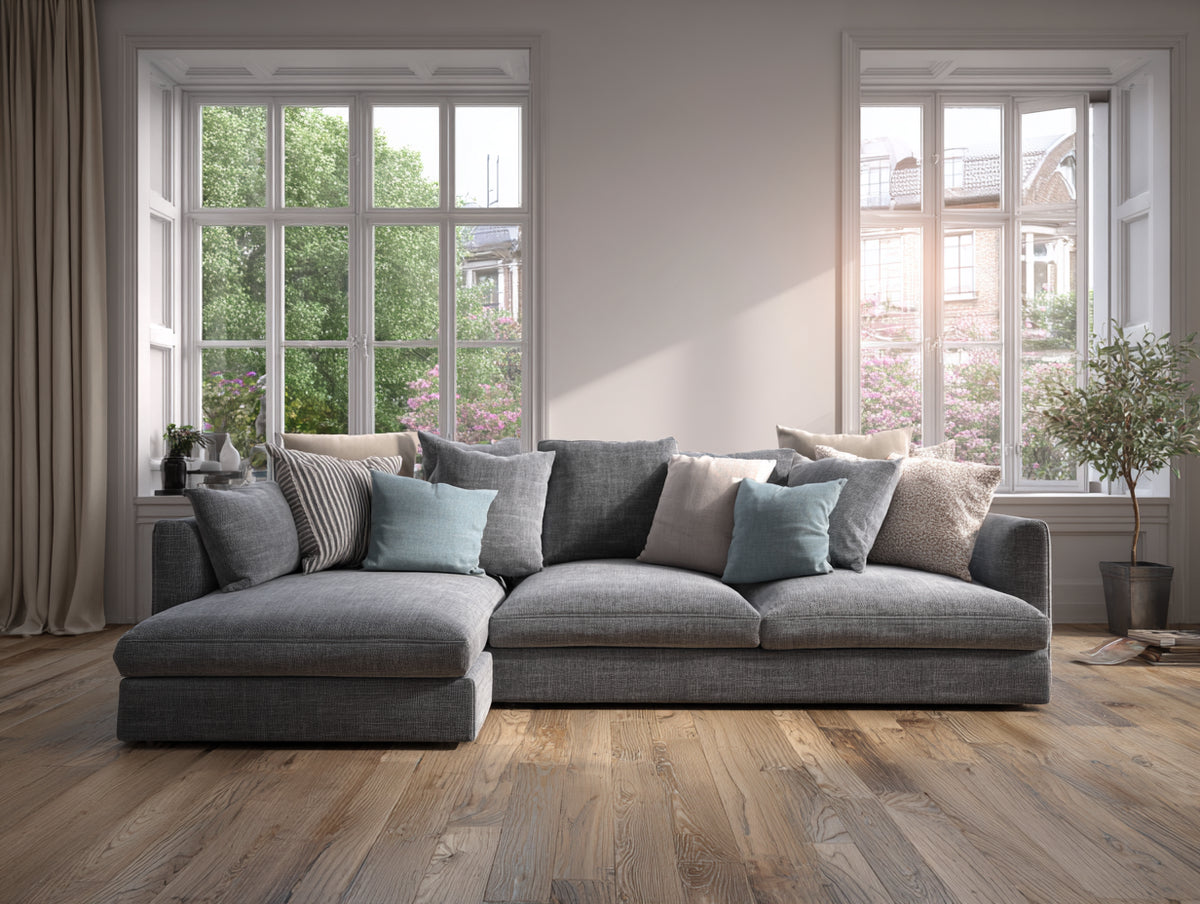 Divano 286×174×85 cm - tessuto grigio antracite - angolare a tre posti con penisola profonda per soggiorno