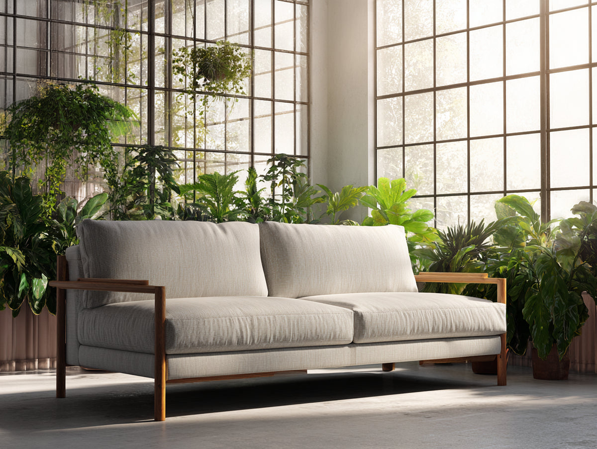 Divano 210×86×84 cm - tessuto beige chiaro e legno noce - tre posti con struttura a vista per soggiorno