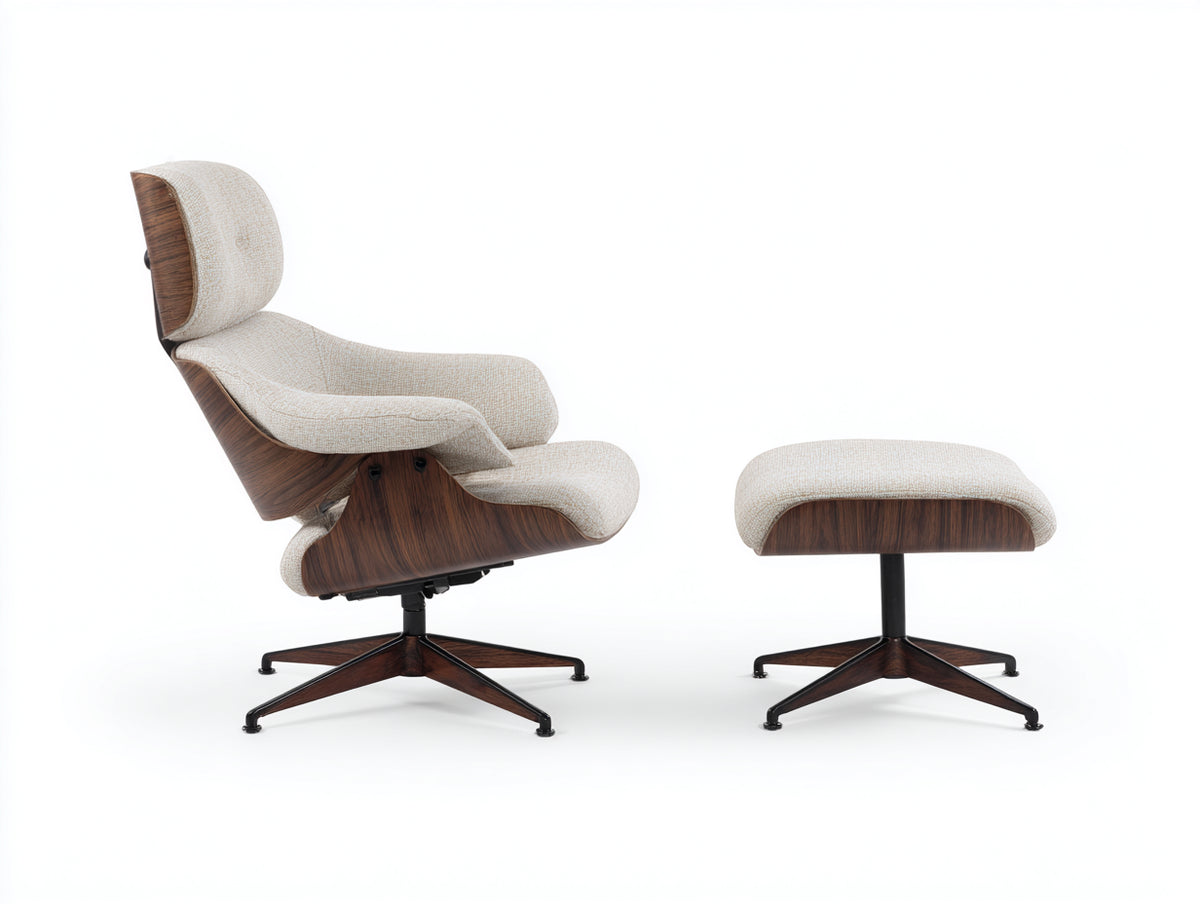 Poltrona 80×91×101 cm - tessuto beige avena e noce scuro - profilo inclinato girevole con poggiapiedi per soggiorno