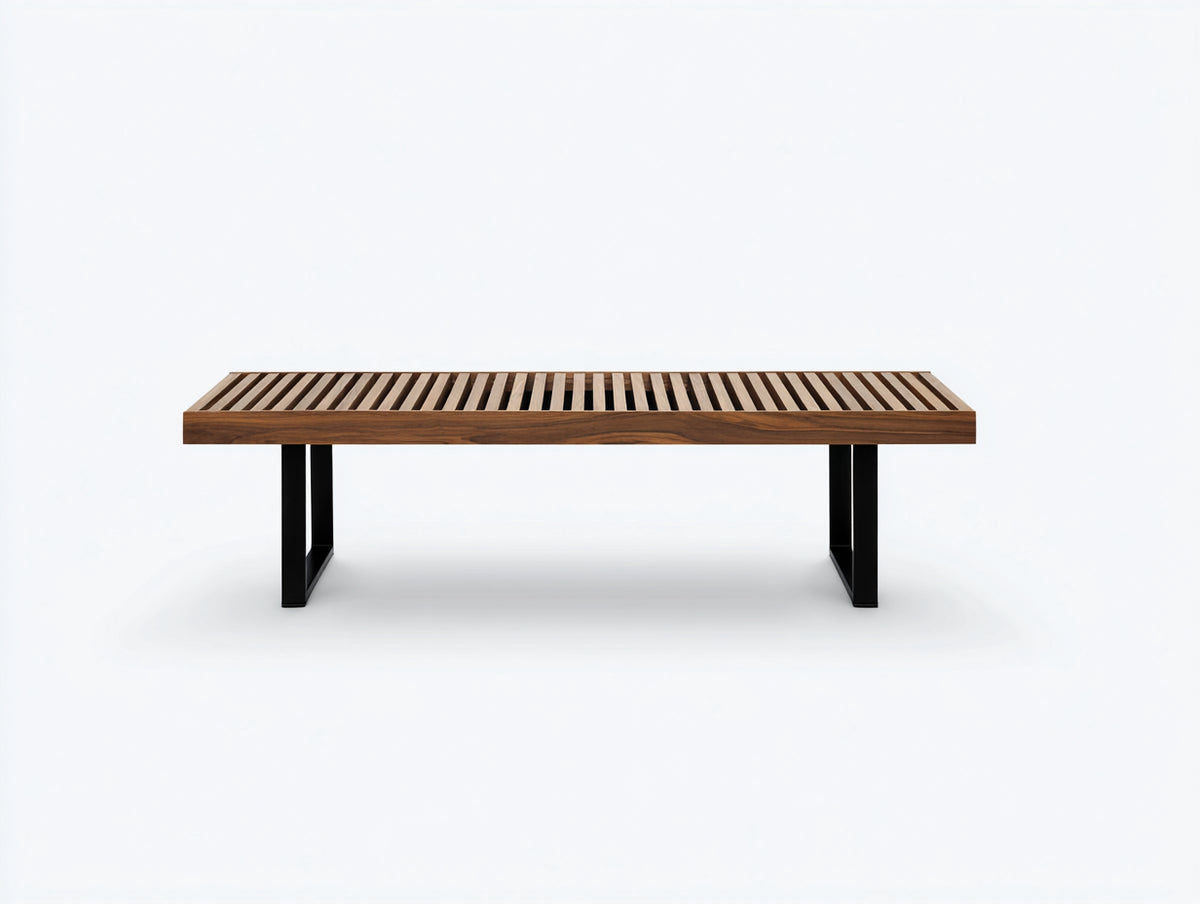 Tavolino da caffè 120×45×38 cm - legno noce e metallo nero - piano a doghe con gambe a slitta per soggiorno