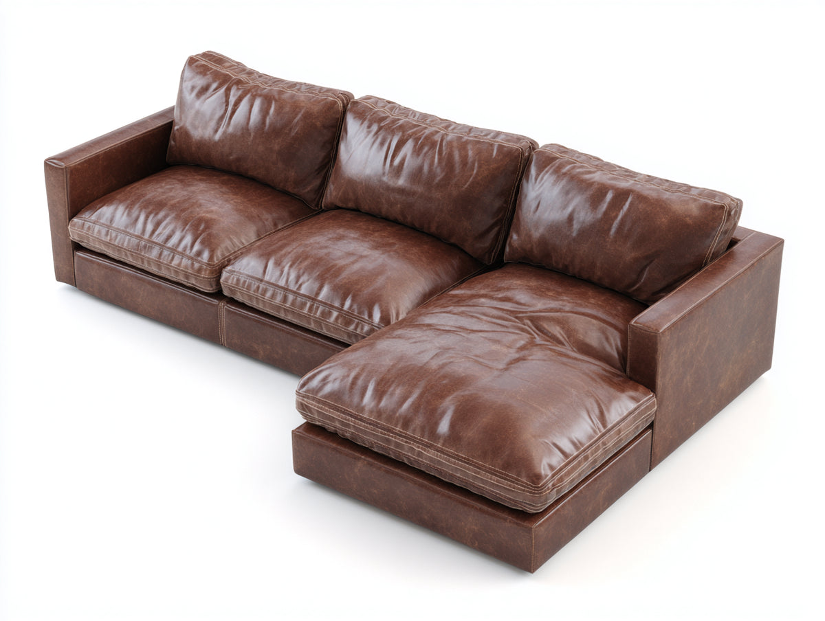 Divano 285×176×88 cm - pelle marrone cuoio - tre posti con penisola e struttura bassa per soggiorno