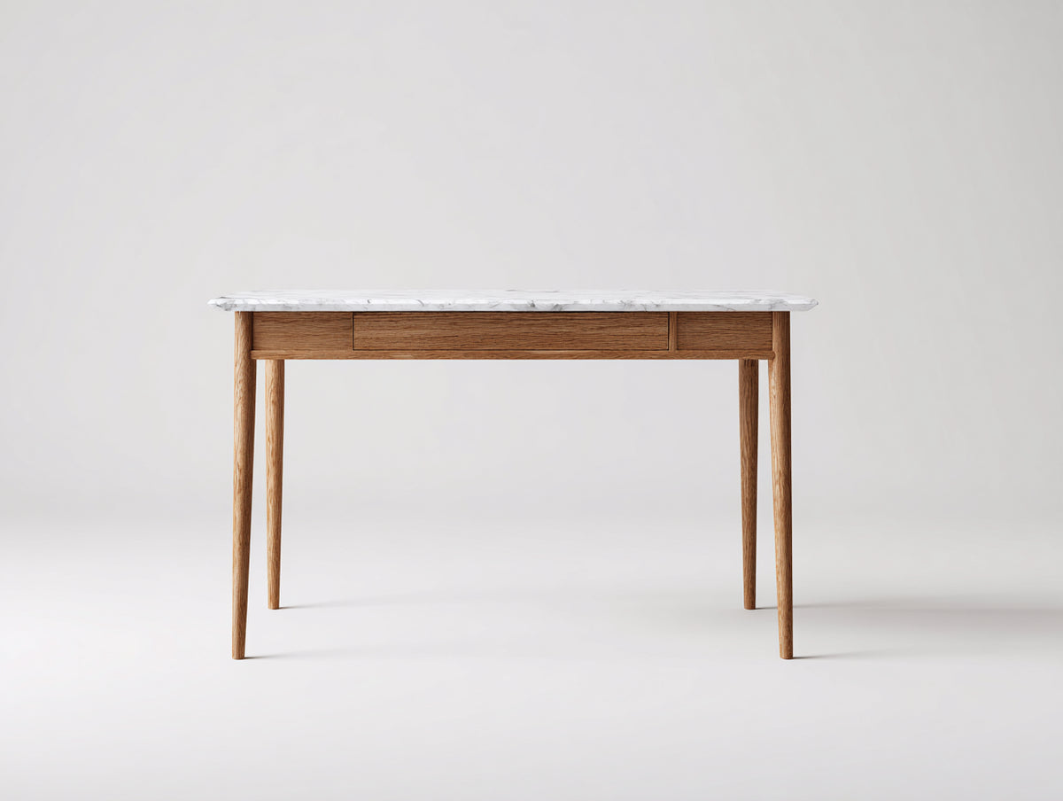 Console 115×38×78 cm - marmo bianco venato e rovere naturale - cassetto centrale per camera da letto