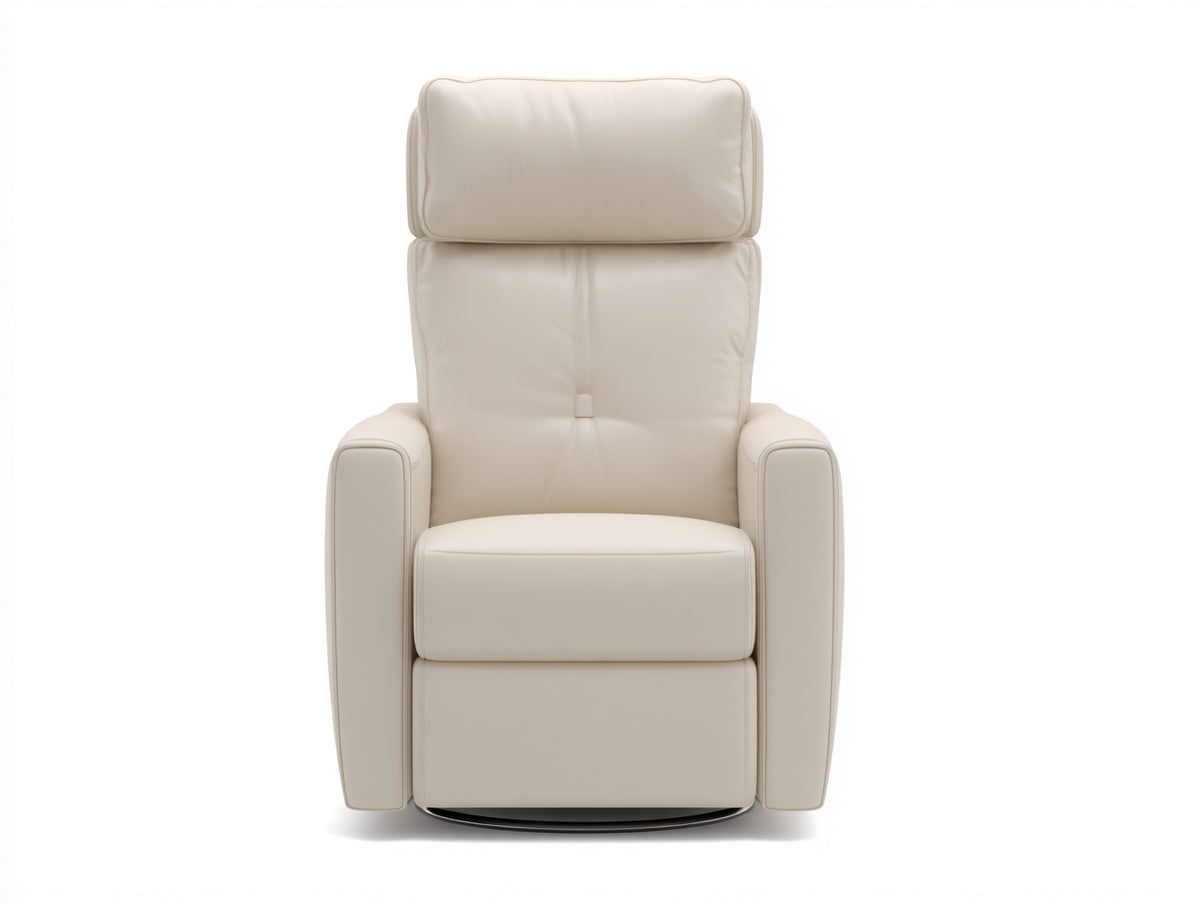 Poltrona 76×91×112 cm - pelle bianco crema e base circolare nera - girevole reclinabile con poggiatesta alto per soggiorno