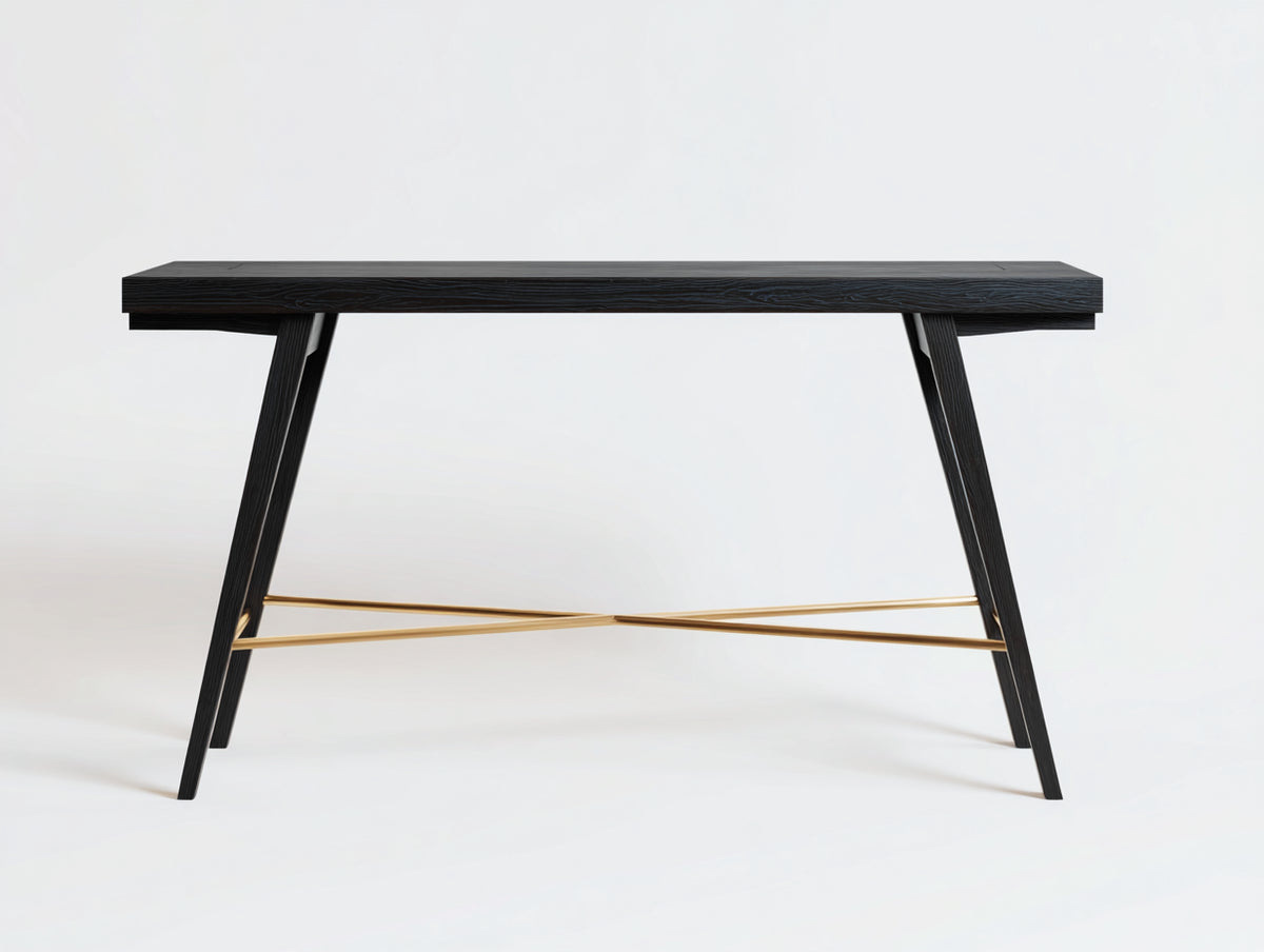 Console 125×38×80 cm - legno nero e metallo dorato - gambe inclinate con rinforzo incrociato per Camera Da Letto