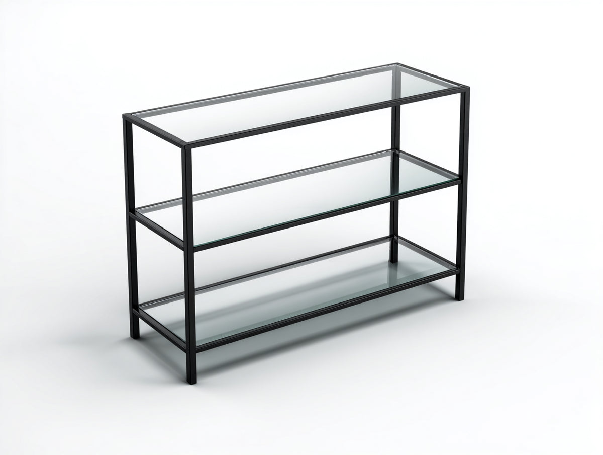 Console 110×35×82 cm - metallo nero e vetro trasparente - struttura a tre livelli per Camera Da Letto