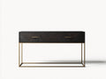 Console 130×38×78 cm - legno nero e metallo dorato - due cassetti con frontali geometrici per camera da letto