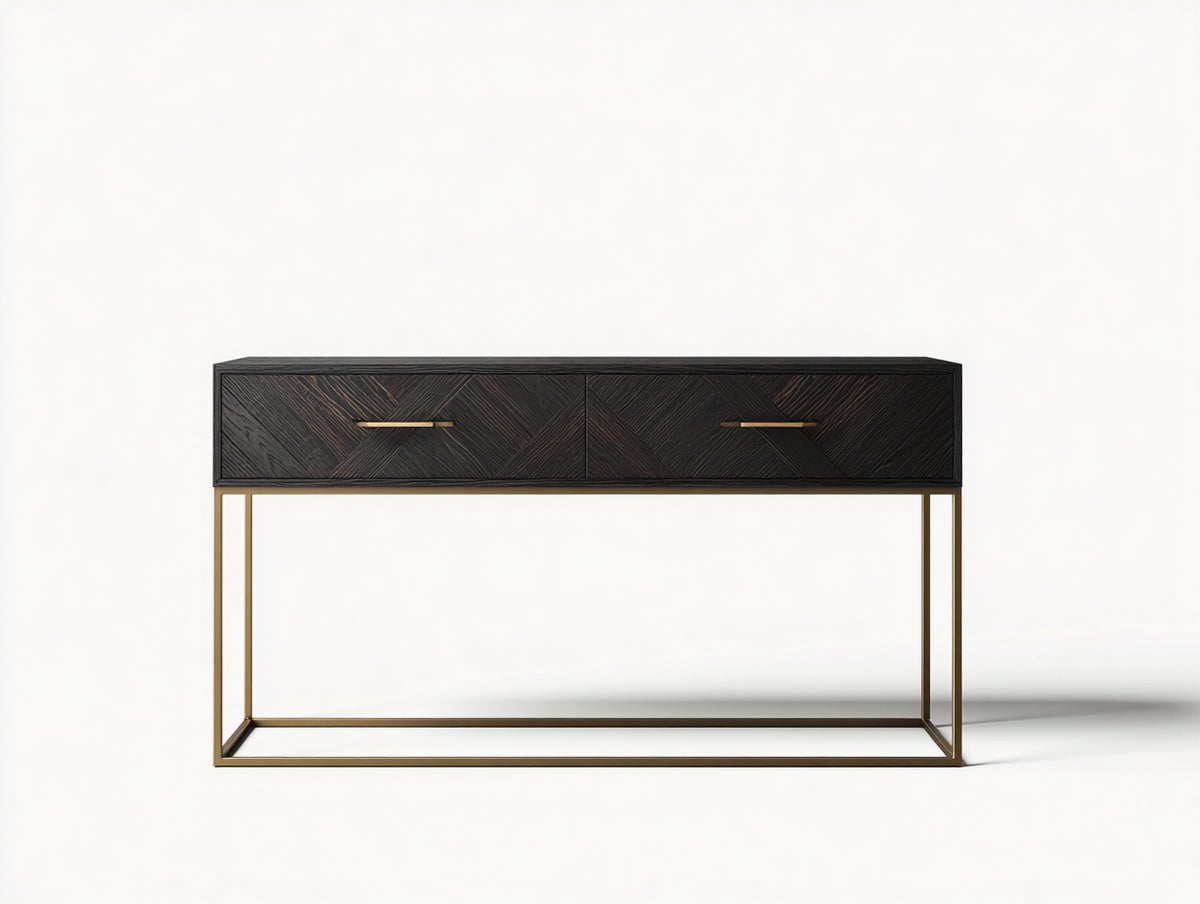 Console 130×38×78 cm - legno nero e metallo dorato - due cassetti con frontali geometrici per camera da letto