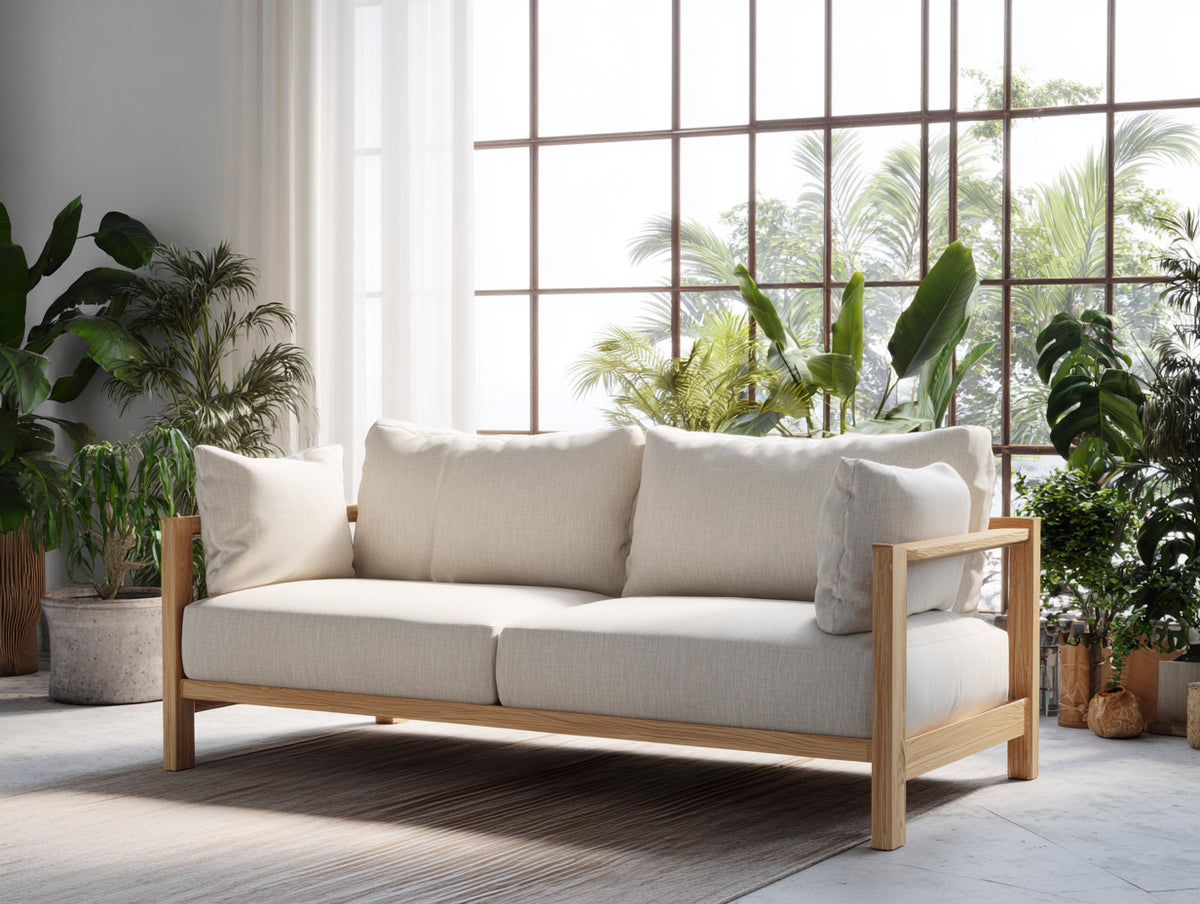 Divano 215×90×84 cm - tessuto bianco crema e legno naturale - tre posti con telaio aperto per soggiorno
